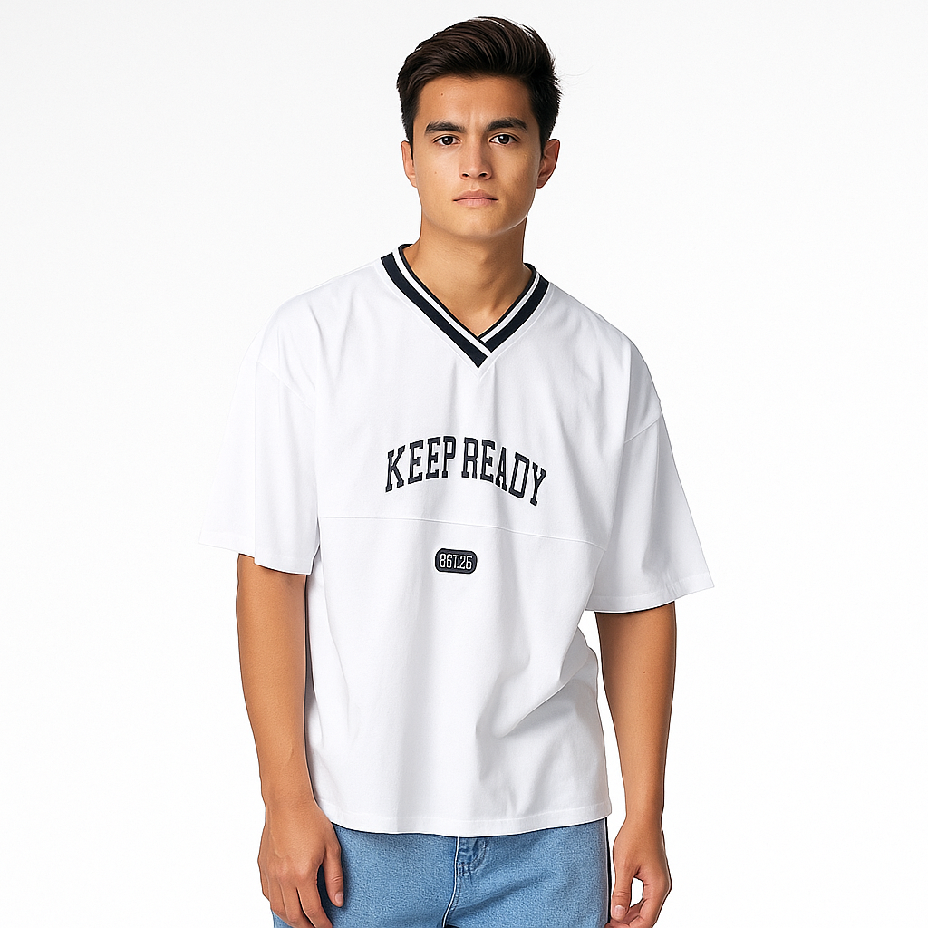 Men’s Drop Shoulder V-Neck white Tee (F-00011)