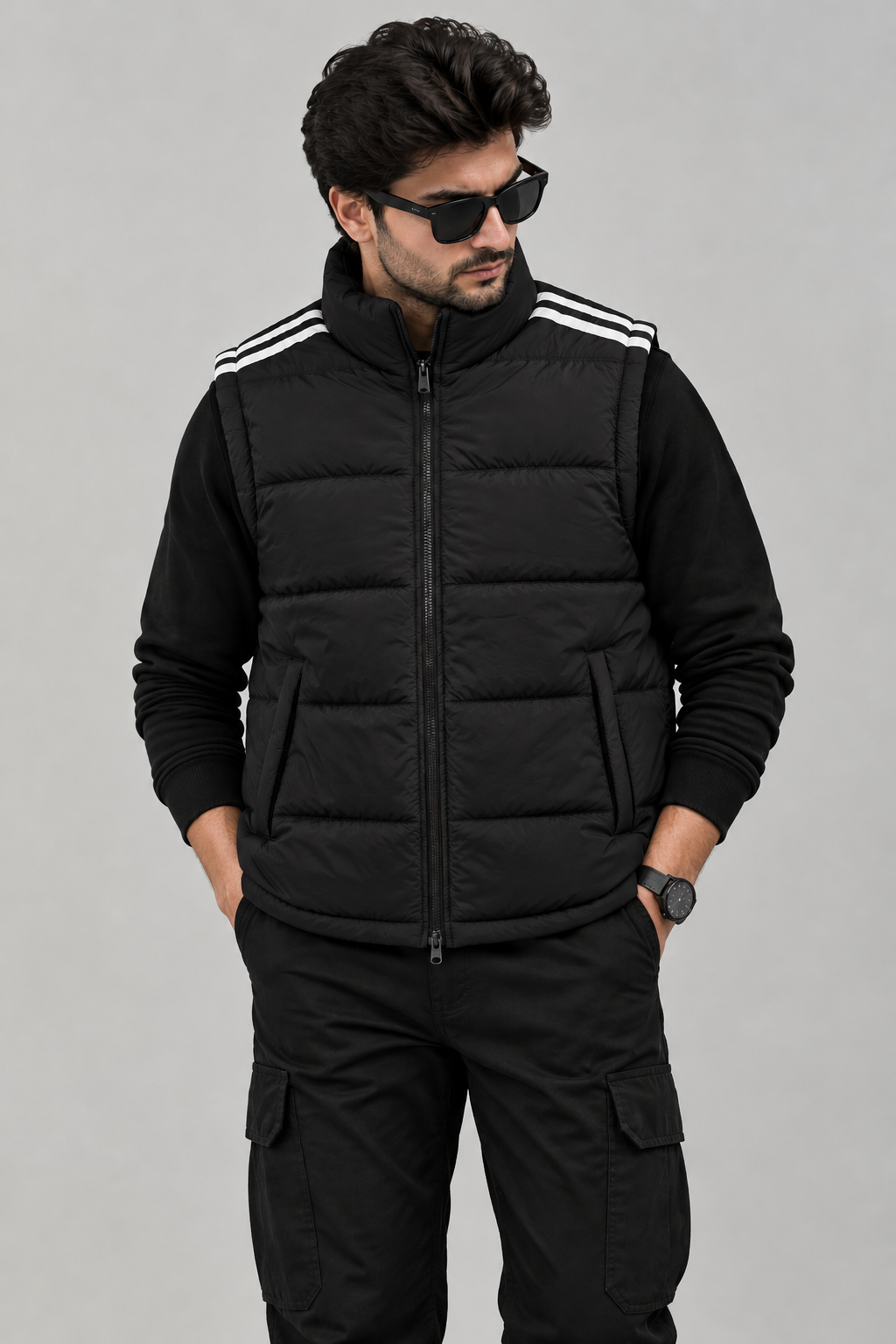 PREMIUM Men’s Half Sleeve Puffer Jacket ZF Black Striped