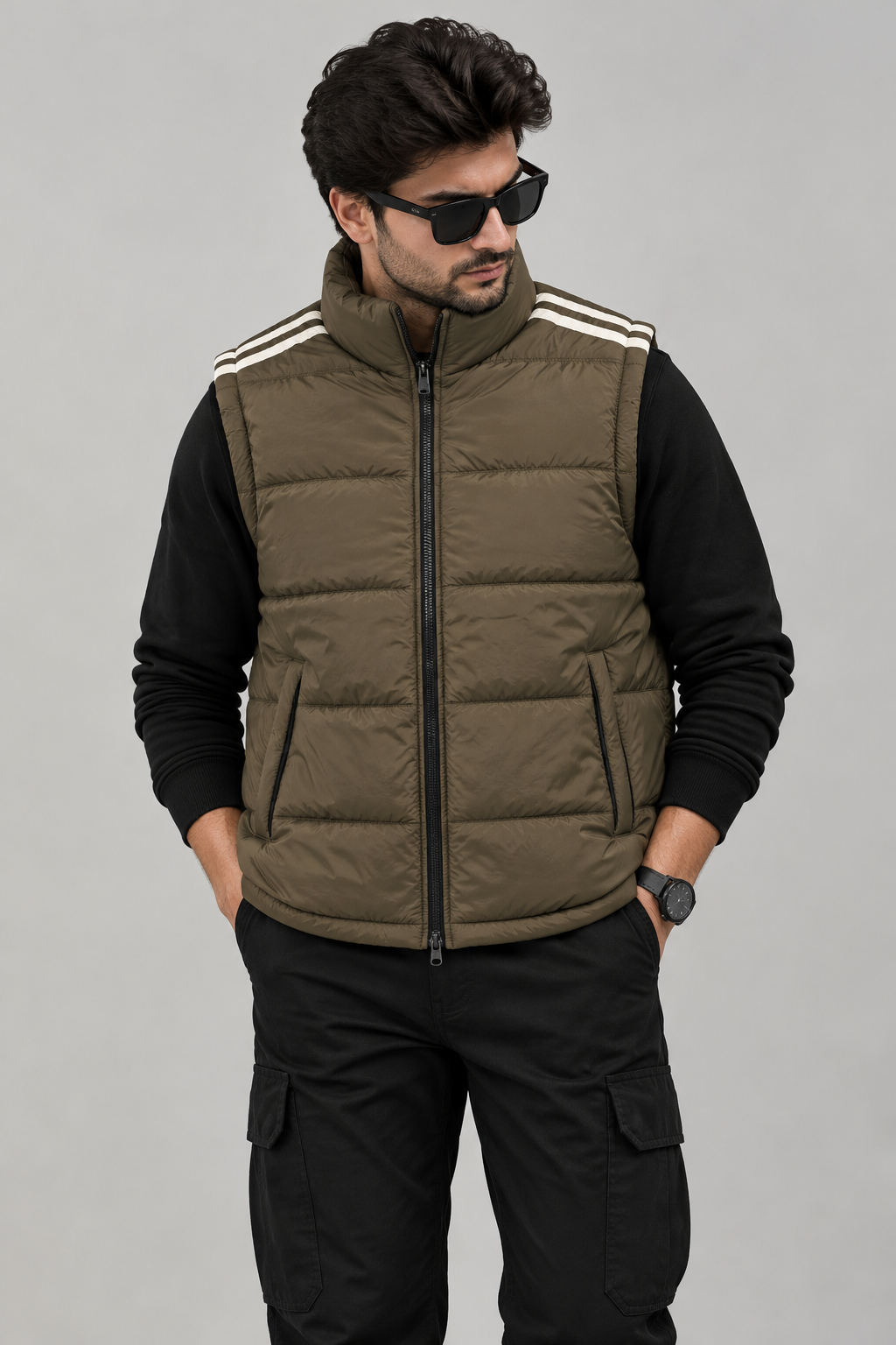 PREMIUM Men’s Half Sleeve Puffer Jacket ZF Army Sage Striped