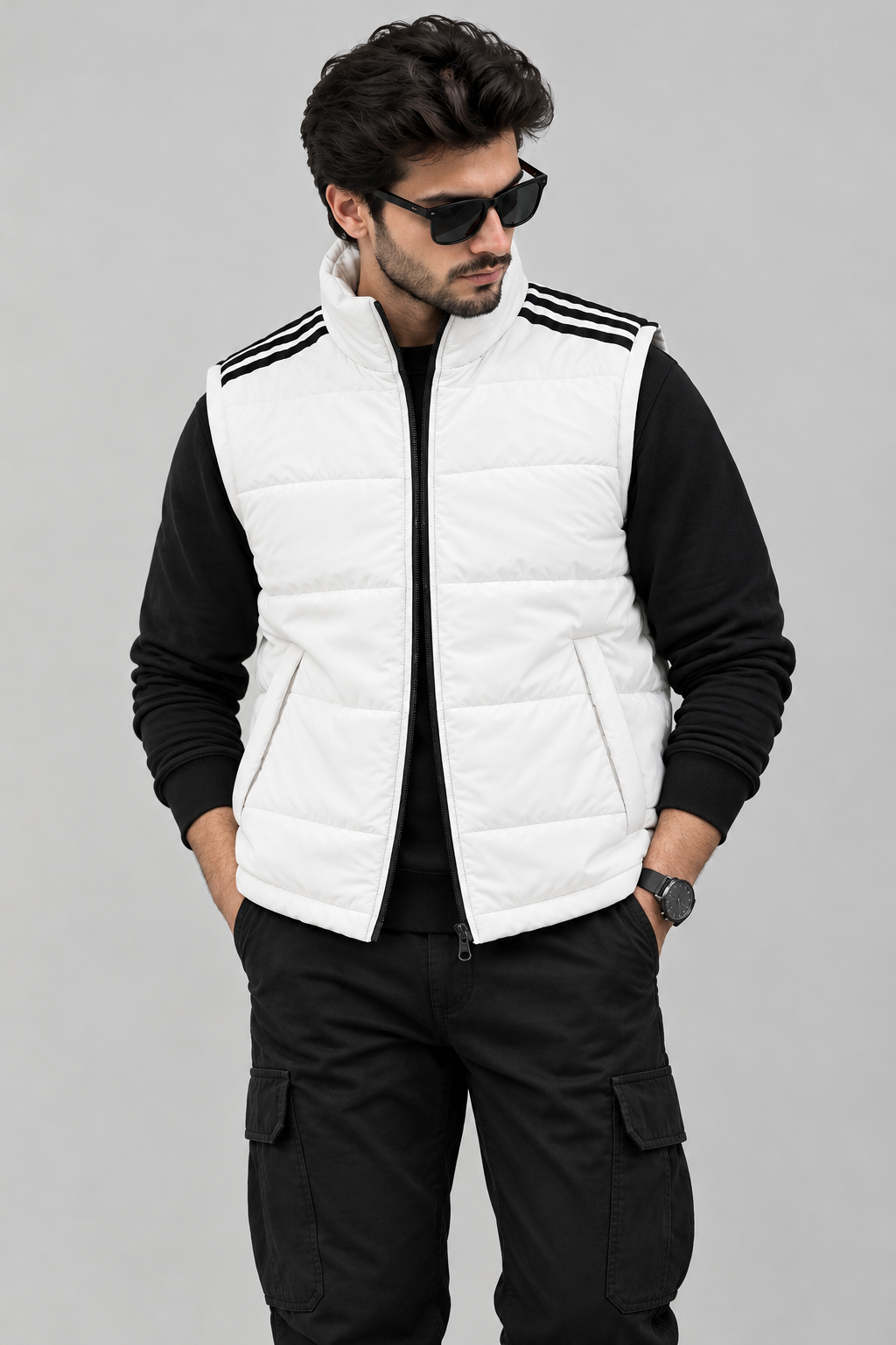 PREMIUM Men’s Half Sleeve Puffer Jacket ZF White Striped