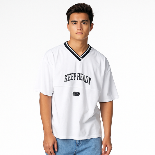 Men’s Drop Shoulder V-Neck white Tee (F-00011)