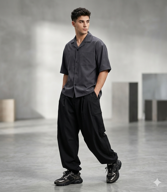 ZF Boxy-fit Cuban Collar Shirt Charcoal Grey